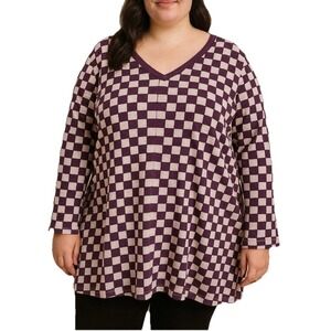 SONOMA Women Burgundy Plaid Long V-neck Sleeve The Everyday Tee Shirt Top 2X